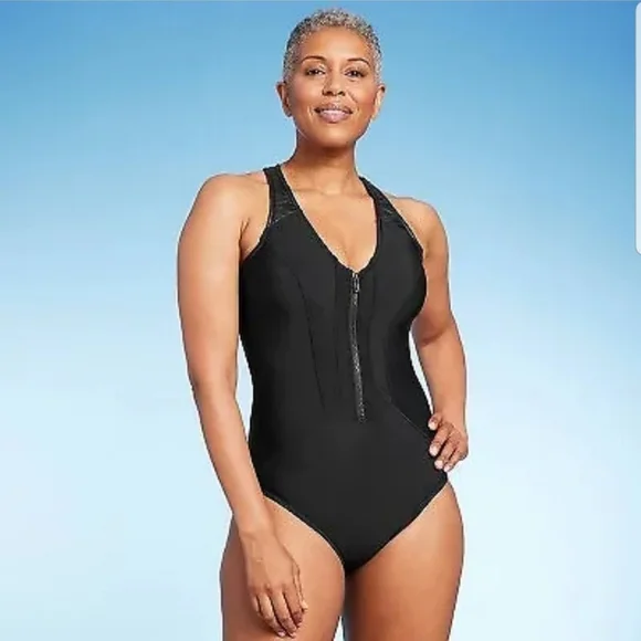 Aqua Green Swim Womens Upf Vneck Zipfront Faux Leather